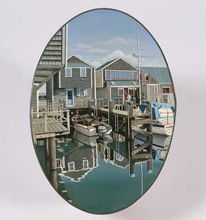 Harriet Mottes Finely Painted Cherry Shaker Box "Wharf Cottages, Nantucket"