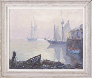 Charles Stepule Oil on Canvas "Two Sloops at Sunset"