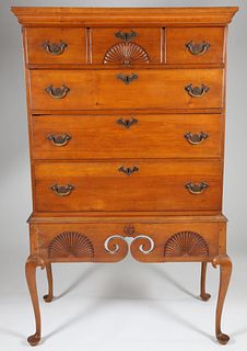 American Queen Anne Style Cherry Flat-top Highboy on Frame, 19th Century
