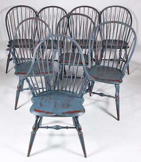 Set of Eight Bow Back Windsor Style Chairs by Warren Chair Works, Rhode Island