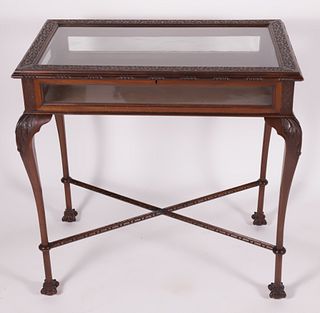 Carved Mahogany Glass Top Vitrine Table, circa 1920s