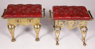 Two Brass and Tufted Red Leather Upholstered Footman, 19th Century