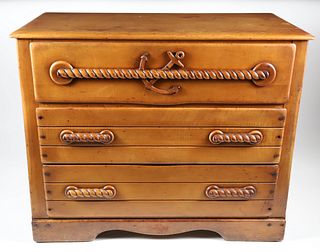 Vintage Nautical Theme Three Drawer Chest with Carved Anchor and Rope Drawer Pulls