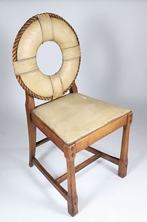 Vintage Nautical Side Chair with Life Ring Rope Trimmed Back and Leather Seat