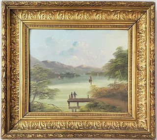 Fine Antique Oil on Artist Board River Landscape Painting, 19th Century