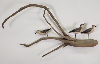 Vintage Hand Carved and Painted Shorebird and Driftwood Sculpture, 20th Century