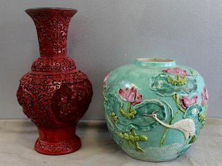 Asian Antique Lot To Inc A Cinnabar Vase ,