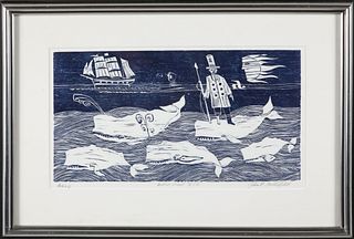 John F. Lochtefeld Artist Proof V/V Woodcut Depicting Ahab and Whales