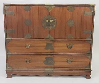 Vintage Asian Five-Drawer Brass Bound Campaign Style Chest of Drawers, 20th century