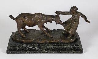 Signed Cast Bronze Figural Group of a Young Dutch Girl and a Goat on Stepped Marble Base