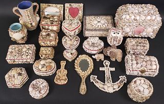 Group of Vintage Souvenir Shell Encrusted Ornaments and Boxes, 20th Century