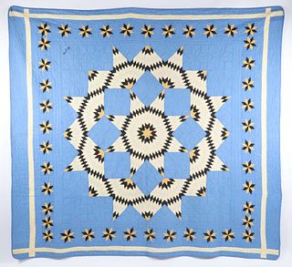 Signed Colorful Broken Star Patchwork Quilt on Cadet Blue Ground, circa 1930s