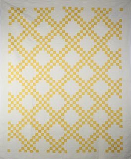 Vintage Yellow on White Ground Double Irish Chain Patchwork Quilt, circa 1930s
