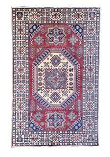 Vintage Hand Knotted Geometric Kazak Style Oriental Carpet