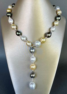 Fine 15mm-11mm White and Gold South Sea and Tahitian Pearl Lariat Necklace