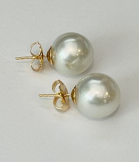 Very Fine Pair of 12.9mm White South Sea Pearl Earrings, 14k Gold