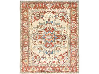 Hand Knotted Vegetable Dyes Cream and Tangerine Wool Serapi Style Oriental Carpet