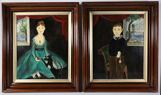 Pair of Kolene Spicher Oils on Canvas "Early American Style Portraits of a Woman and a Young Man"
