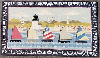Vintage Claire Murray Nantucket Rainbow Fleet Hooked Rug Carpet