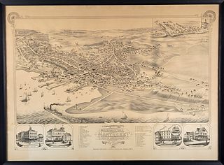 Vintage 1881 Bird's Eye View of Nantucket Map, Reprinted in 1948 by Wm Lincoln