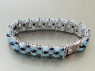 Faceted Aquamarine and Sapphire Sterling Silver Bracelet