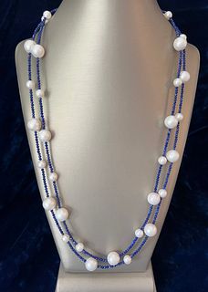 Lapis Lazuli Faceted Bead and White Freshwater Pearl Necklace