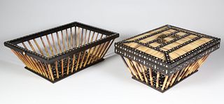 Two Porcupine Quill Items: Lidded Basket and Open Basket, 19th Century