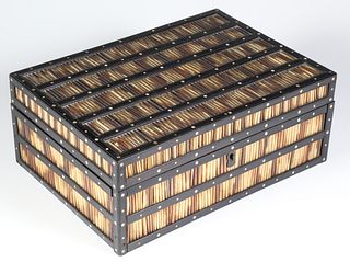 Porcupine Quill and Ebony Box with Bone Inlaid Dots, 19th Century
