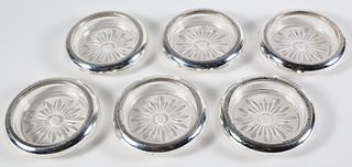 Set of Six Sterling Silver Rimmed Crystal Coasters