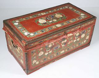 Signed Chinese Export Painted Canvas Covered Camphorwood Trunk, 19th Century