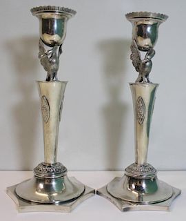SILVER. Pair of Antique Continental Candlesticks.