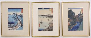 Three Japanese Woodblock Prints in Gilt Frames