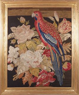 Large Antique Needlework Embroidery "Parrot Amongst Flowers"