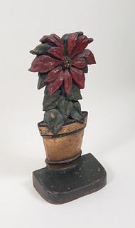 Antique Figural Cast Iron Poinsettia Flower Basket Doorstop