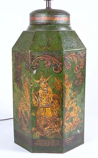 Antique Green and Gilt Chinoiserie Decorated Tole Tea Canister Mounted as a Lamp