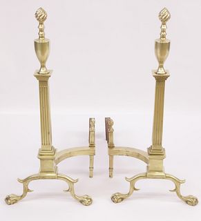 Pair of Vintage Chippendale Style Brass Flame Finial Fluted Column Andirons