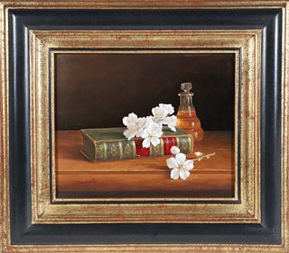 Jean Marie Daneis Oil on Canvas "Floral Still Life with Leather Bound Book"