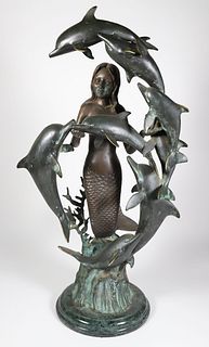 Contemporary Patina Bronze Sculpture of a Mermaid and Dolphins