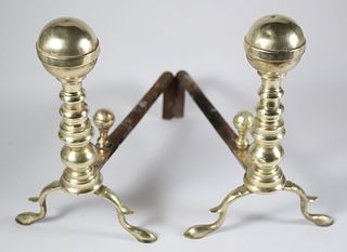 Pair of Antique Brass Boston Ball Top Andirons, 19th Century