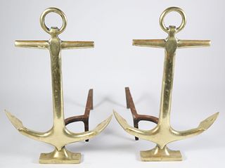 Pair of Vintage Brass Anchor Andirons