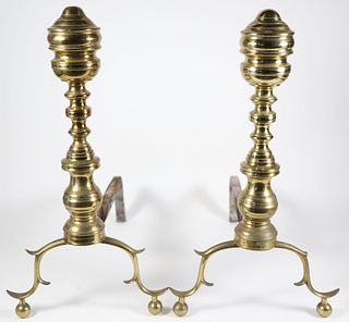 Pair of Antique Multi-Turned Brass Andirons, 19th Century