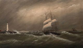 CLEMENT DREW, (American, 1806-1889), Ship in a Gale off Boston Light