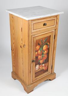 Antique Petite Pine Cabinet with Marble Top and Fruit Still Life Paint Decoration