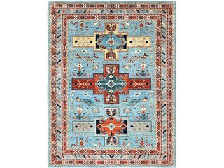 Hand Knotted Sky Blue Caucasian Design Vegetable Dyes Wool Oriental Carpet, 200 Knots Per Inch
