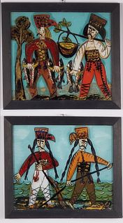 Pair of Antique Reverse Paintings on Glass of Fisherman