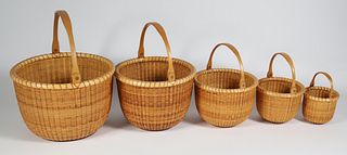 Bill and Judy Sayle Nest of Five Round Open Swing Handle Nantucket Baskets