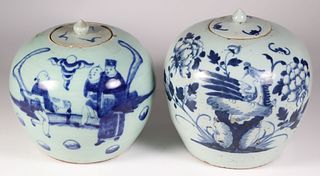 Two Antique Chinese Blue and White Covered Ginger Jars