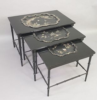 Three Chinese Black Lacquered Bamboo Style Nesting Tables