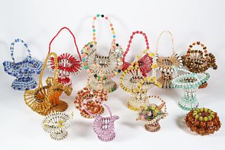 Group of 14 Vintage Handmade Safety Pin Baskets in a Variety of Colors