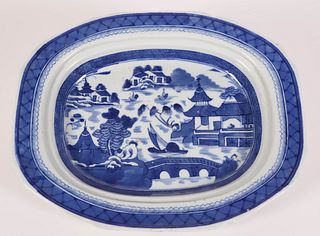 Blue and White Canton Rectangular Deep Platter, 19th Century